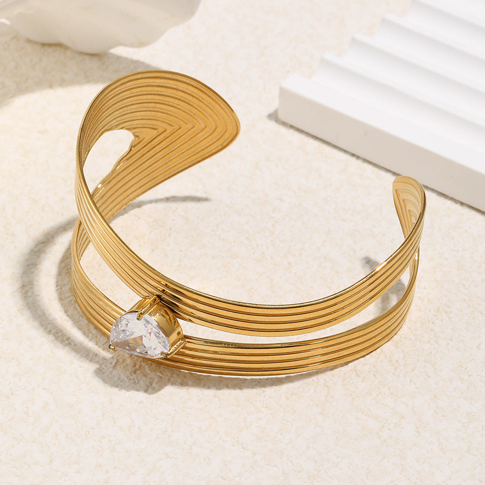 Minimalist Stainless Steel Plated 18K Gold Tone Geometric Stripe Cuff Bracelet with Zirconia Accents