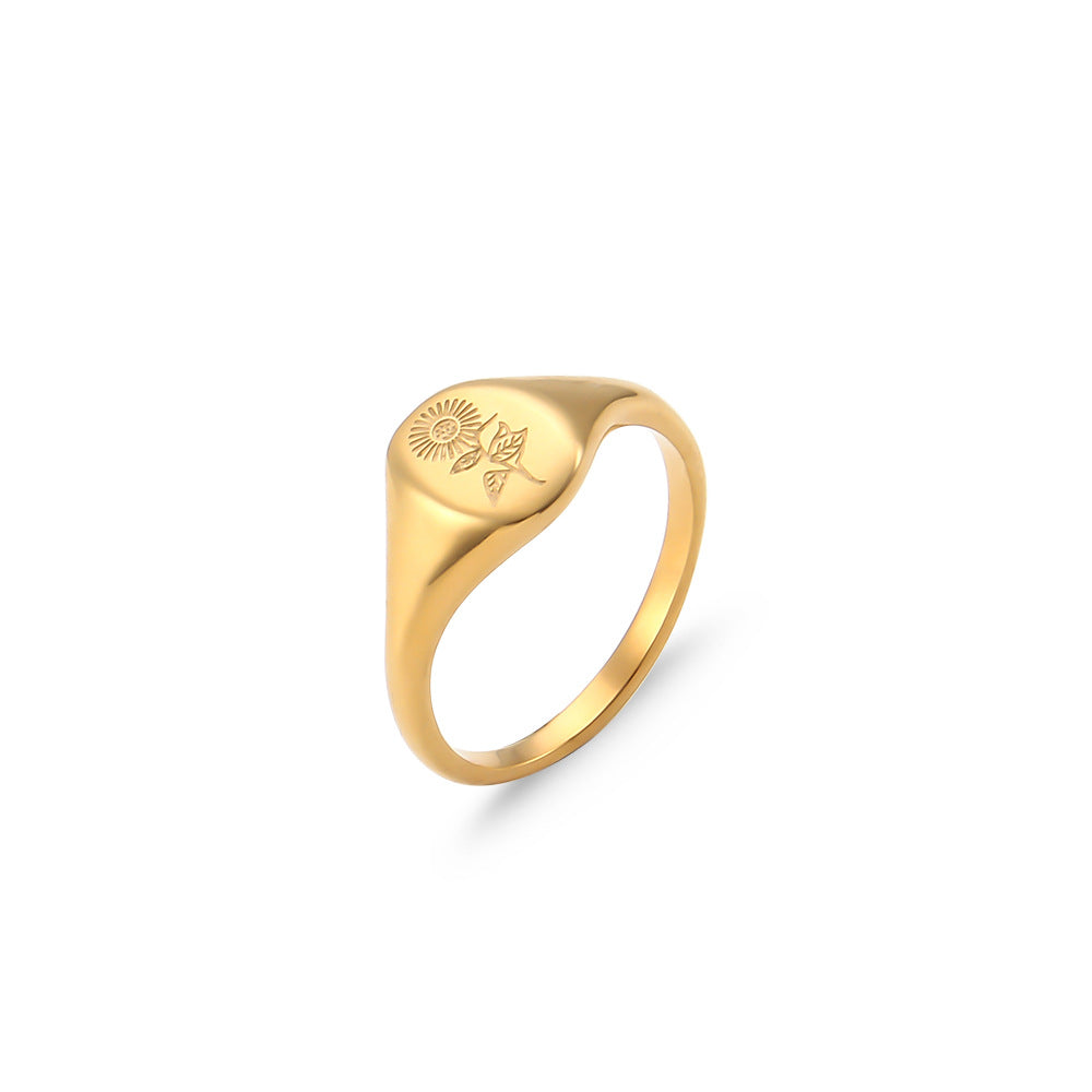 Anello da donna alla moda in acciaio inossidabile a forma di girasole con finitura galvanica e motivo lavanda inciso