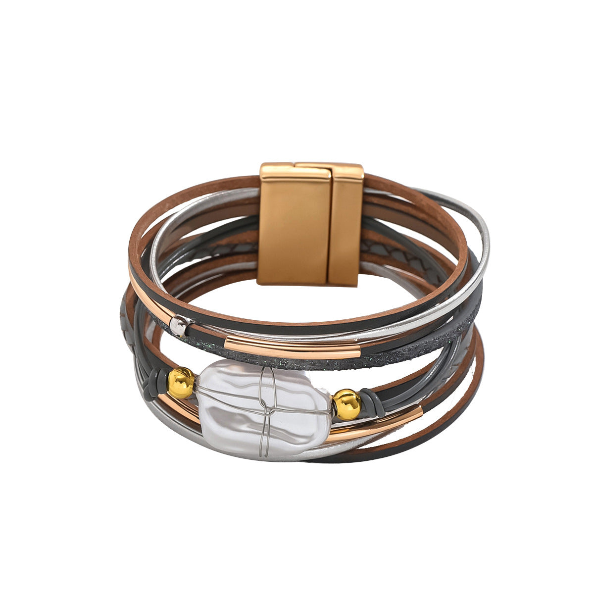 Bracciale da donna a più strati in stile geometrico minimalista con intarsio di perle e perline in madreperla