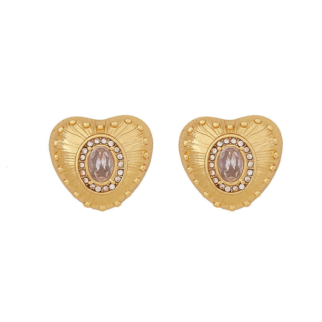 Vintage Romantic Heart-Shaped Titanium Steel Stud Earrings with Zircon Accents and Plated Finish