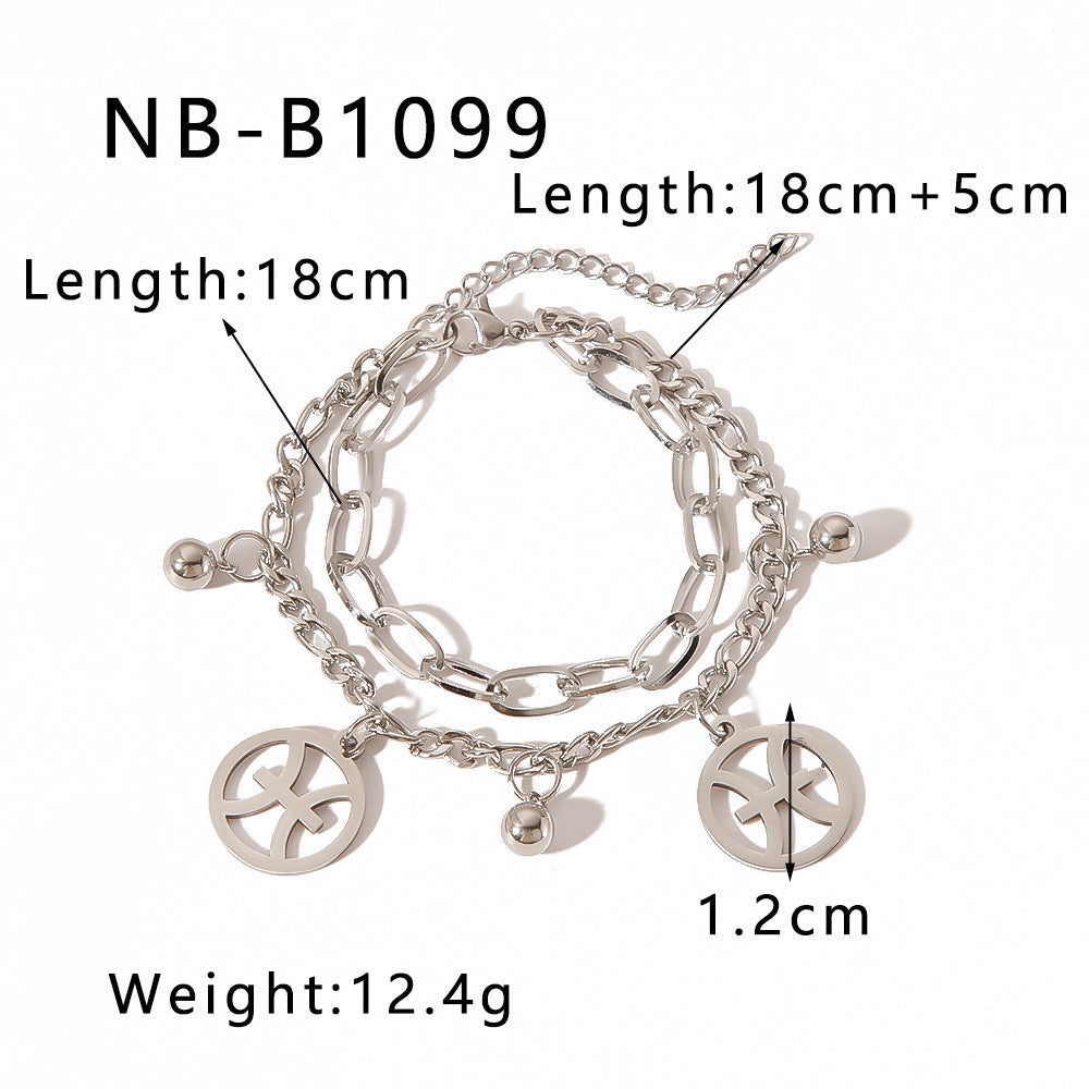 INS Style Zodiac Bracelet with Double Layer Cuban Link Chain Stainless Steel Pendant and 18K Vacuum Plated Finish