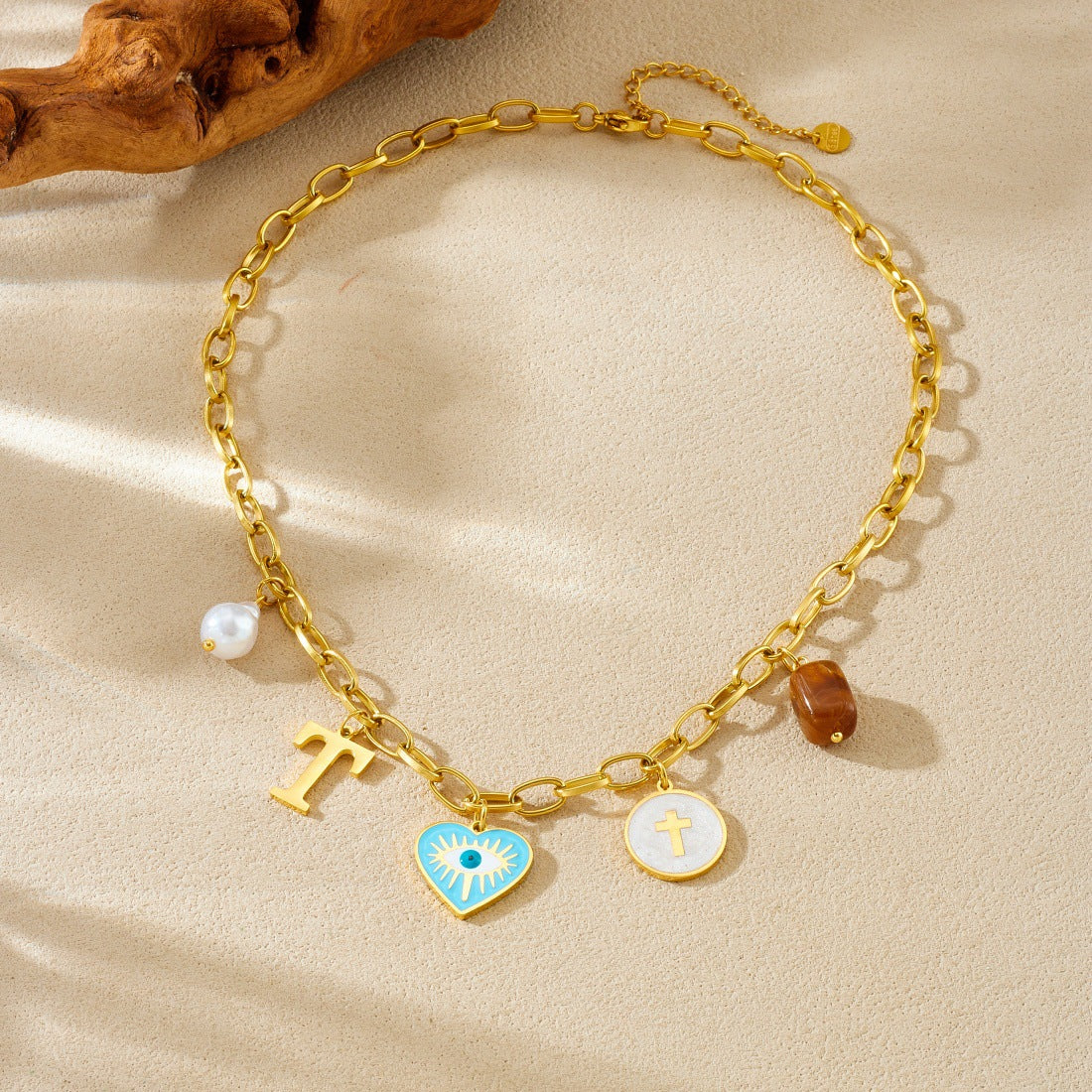Sweet Cartoon Drip Oil Heart Eye Letter Round Pendant Stainless Steel Curb Chain Necklace for Women