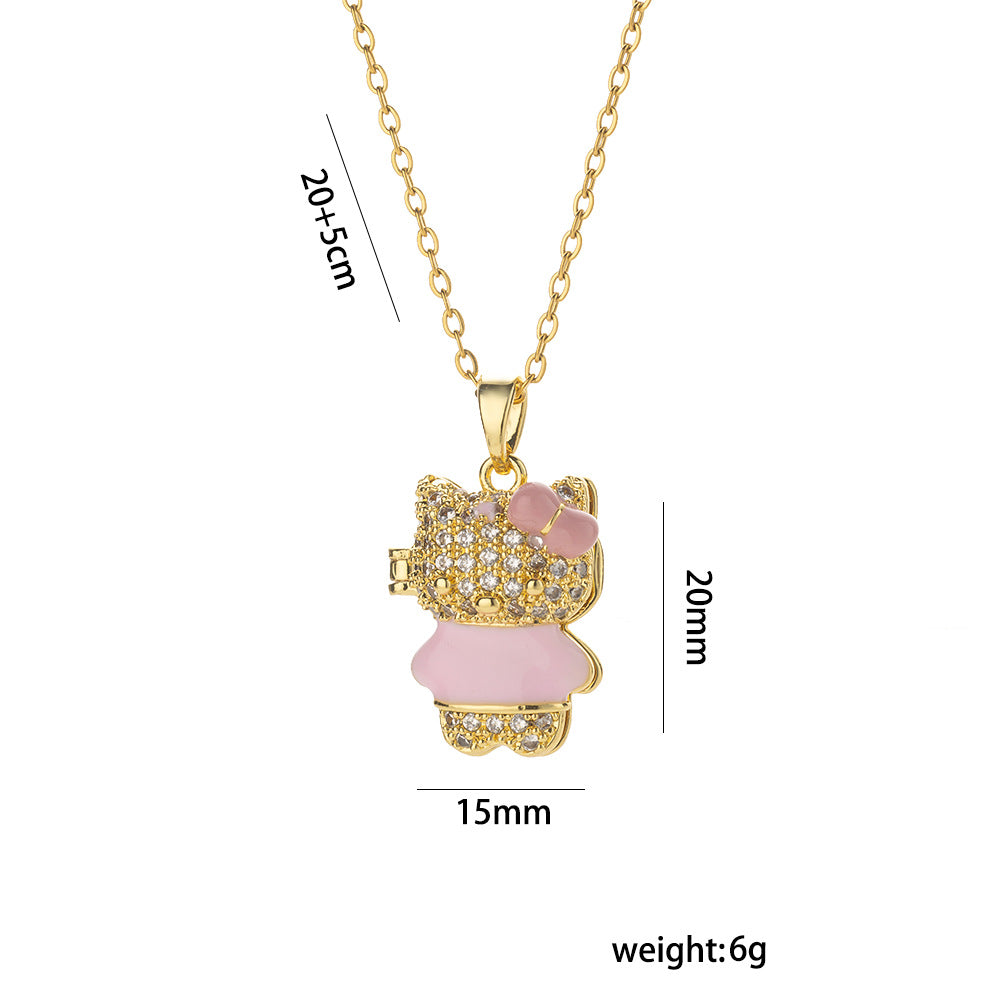 Minimalist Cute Bear Pendant Necklace for Women Titanium Steel Plated Locket Chain with Rhinestone Inlay