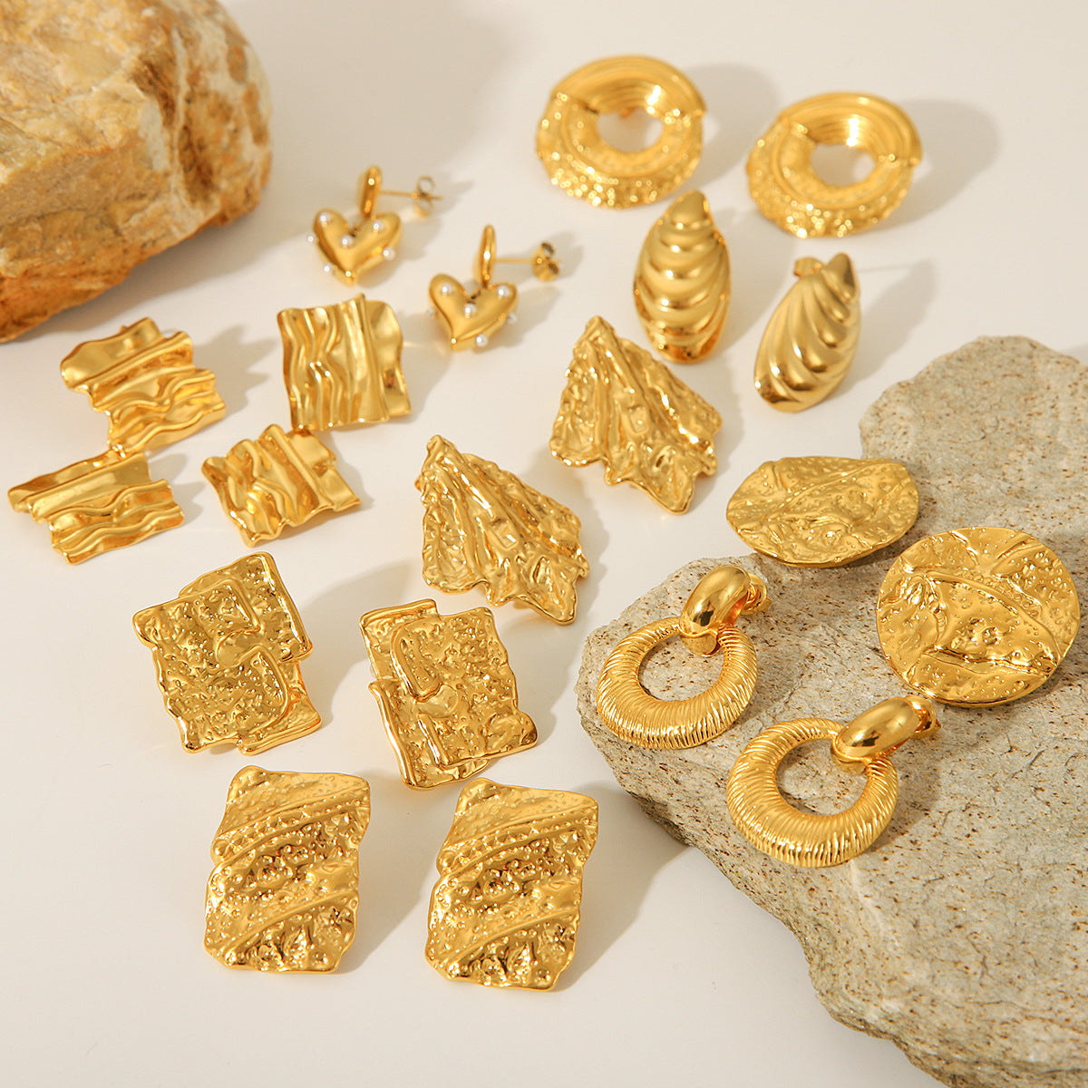 Geometric Stainless Steel Earrings for Women with 18K Gold Plating and Hammered Texture Titanium Steel Finish