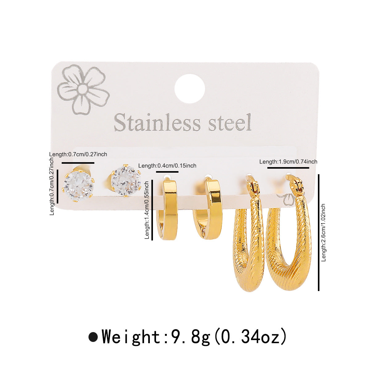 Aretes Minimalistas Geométricos de Acero Inoxidable Bañados en Oro de 14K con Detalles de Pedrería