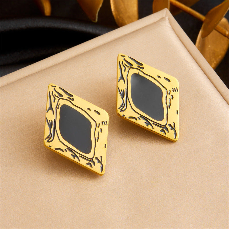 Fashion Contemporary Plated Stainless Steel Square Geometric Ring Earrings Necklace Set