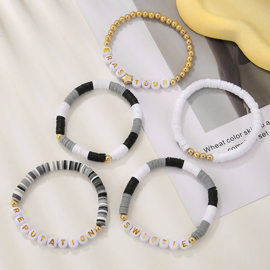 Bohemian Geometric Letter Resin and Stainless Steel Stretch Bracelet Set