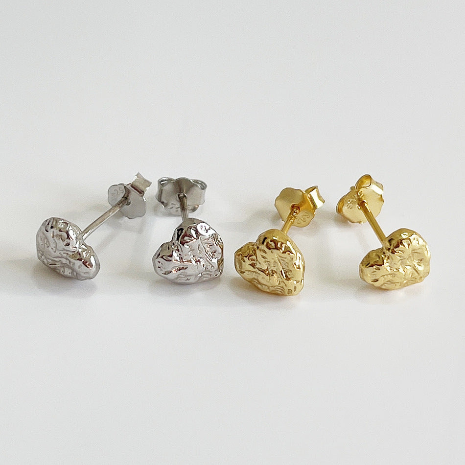 Vintage Sweet 925 Sterling Silver Heart Stud Earrings Plated