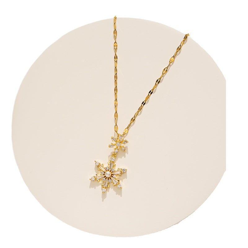 Minimalist Hexagram Pearl Snowflake Necklace in Titanium Steel with Gold Plating, Hypoallergenic Locket Chain for Women