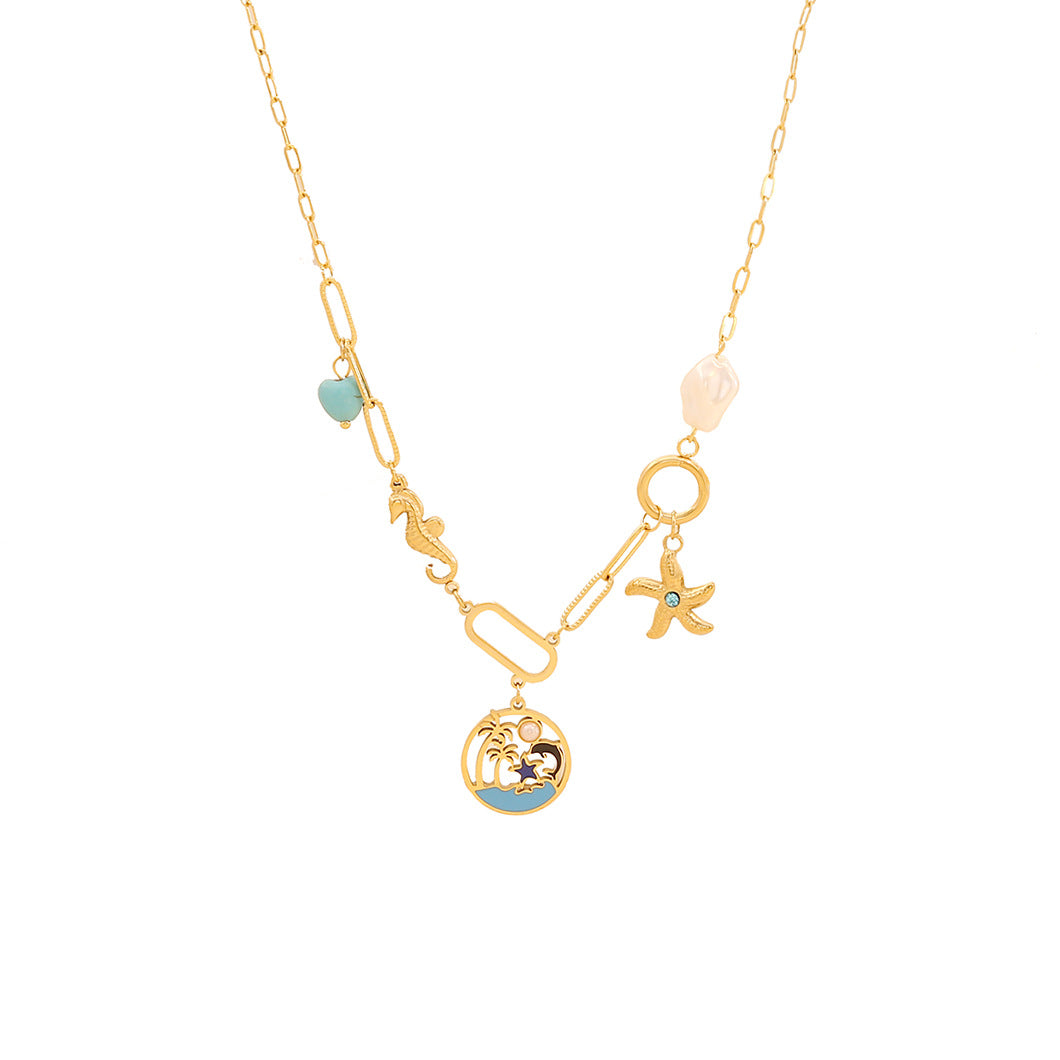 Bohemian Wave-Shaped Stainless Steel Pendant Necklace with Rhinestone-Inspired Shell Design on O-Chain for Women