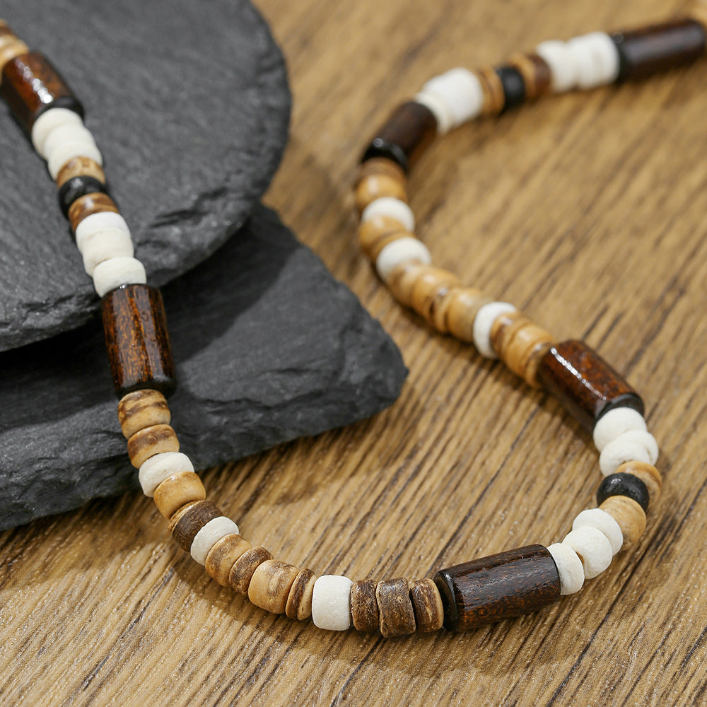 Bohemian Hip-hop Geometric Wood Bead Coconut Shell Stainless Steel Necklace for Men and Women