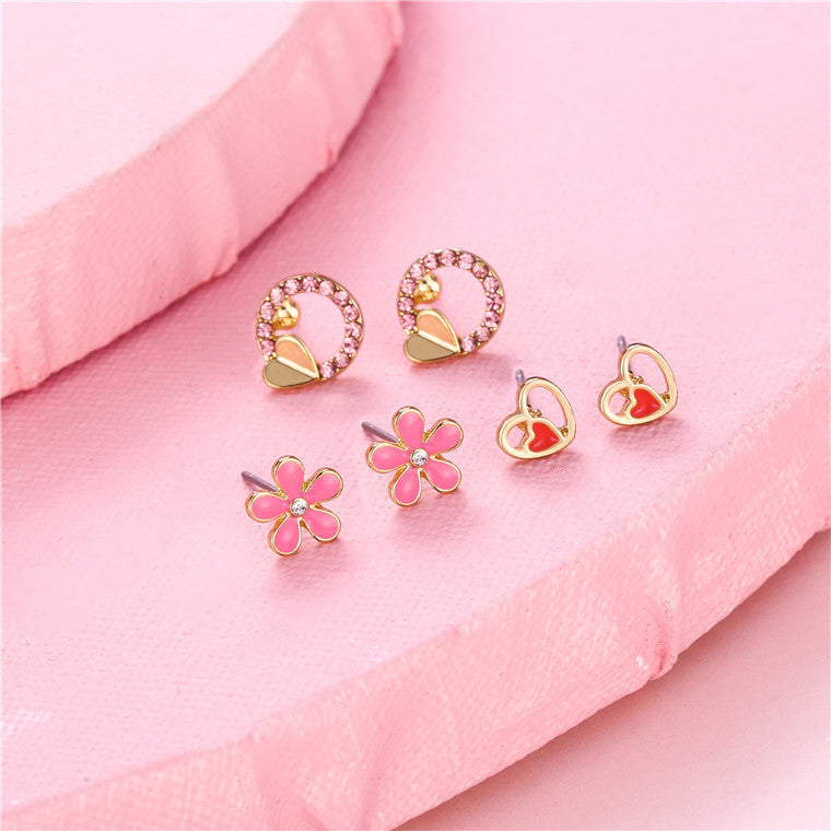 Pendientes de aleación con forma de corazón y flor, estilo dibujos animados, para niñas, con esmalte.