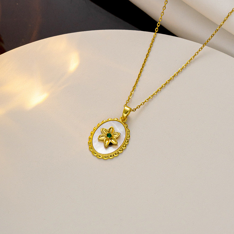 Collar de Cadena O de Acero de Titanio Chapado en Oro de 18K con Colgante de Flor Redonda de Nácar Blanco Lujoso Vintage para Mujer