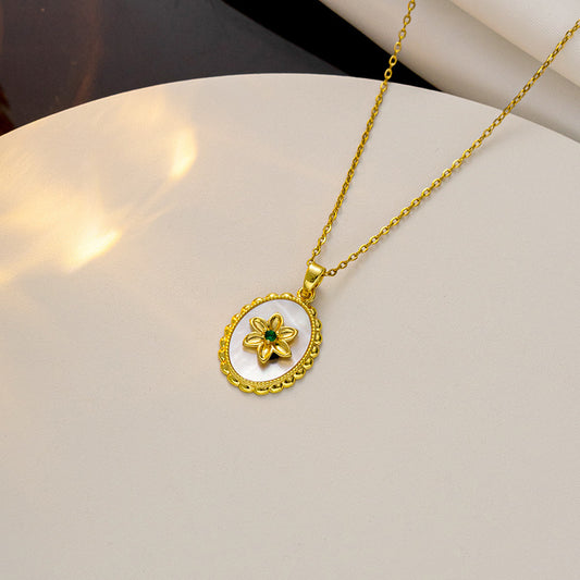 Vintage Light Luxury Round White Mother of Pearl Flower Pendant 18K Gold Plated Titanium Steel O-Chain Necklace for Women