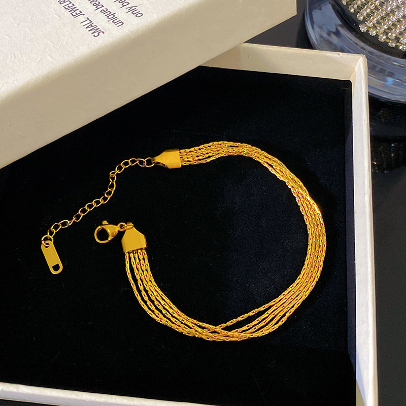 Fashion Streetwear Gold Plated Hammered Round Geometric Stainless Steel Multi-Layer Cable Chain Bracelet with Smile Element for Unisex