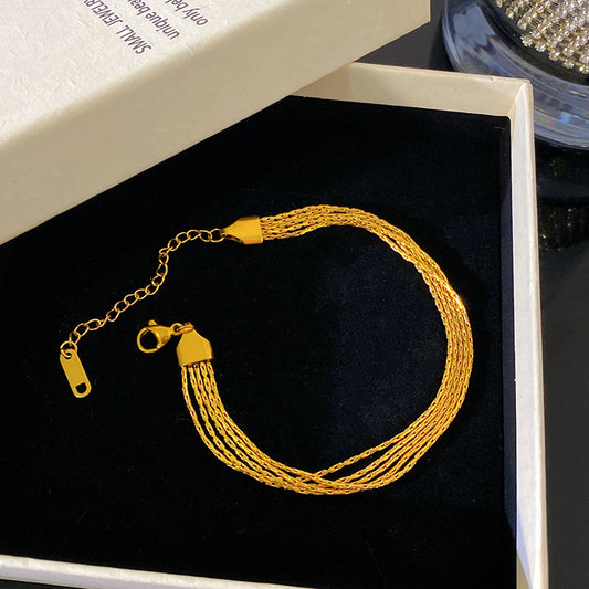 Fashion Streetwear Gold Plated Hammered Round Geometric Stainless Steel Multi-Layer Cable Chain Bracelet with Smile Element for Unisex