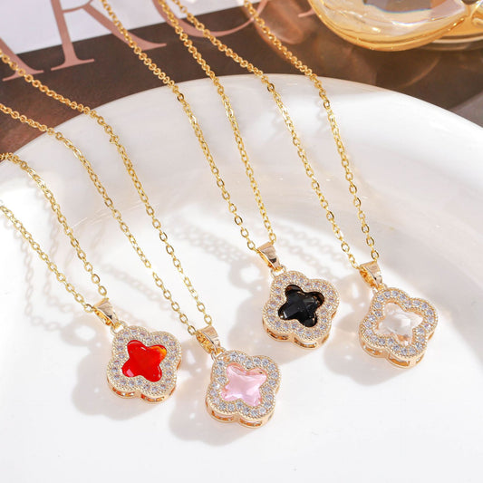 Sweet Elegant Floral Titanium Steel Inlay Rhinestone Pendant Necklace for Women