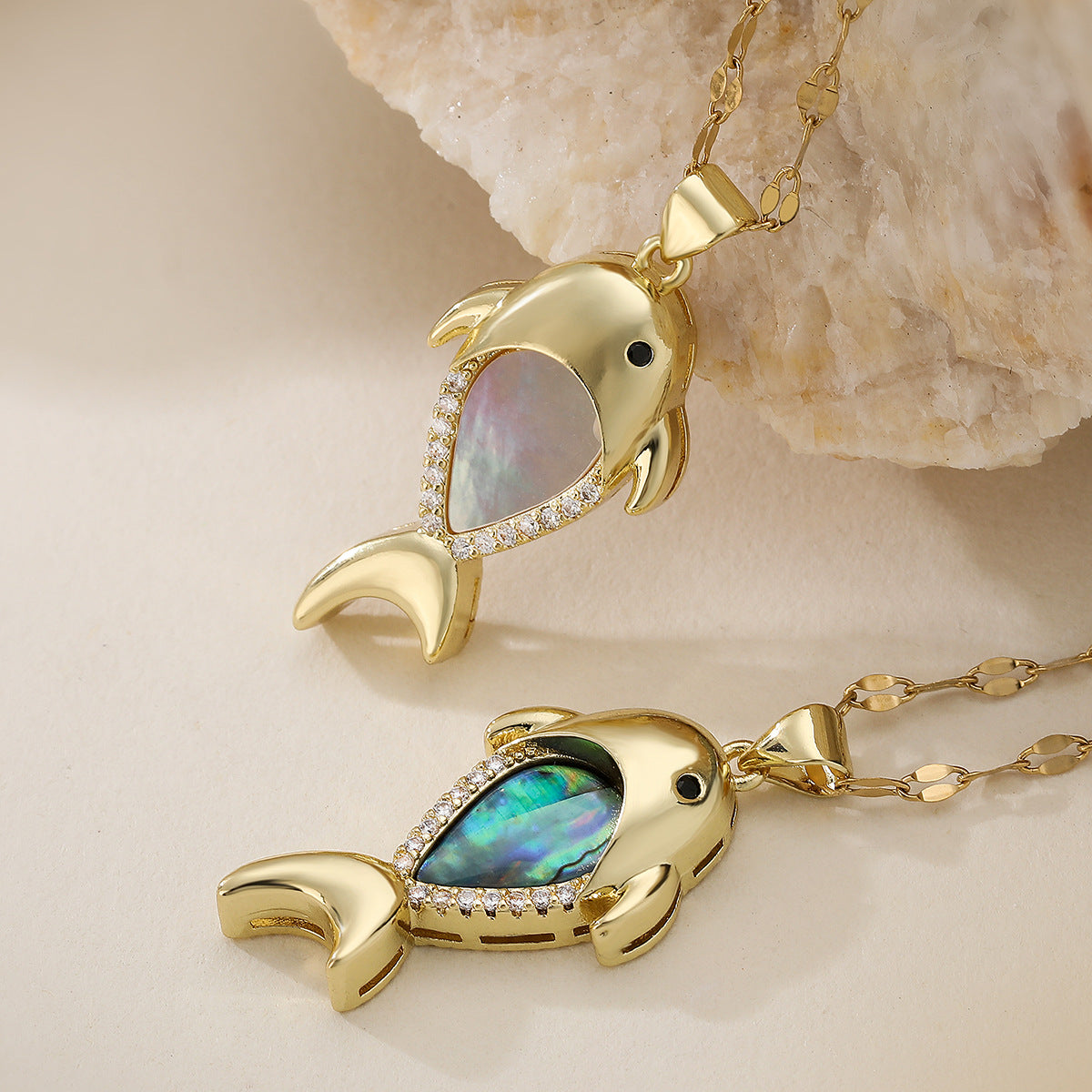 Minimalist 18K Gold Plated Brass Geometric Fish Pendant Necklace with Cubic Zirconia for Women