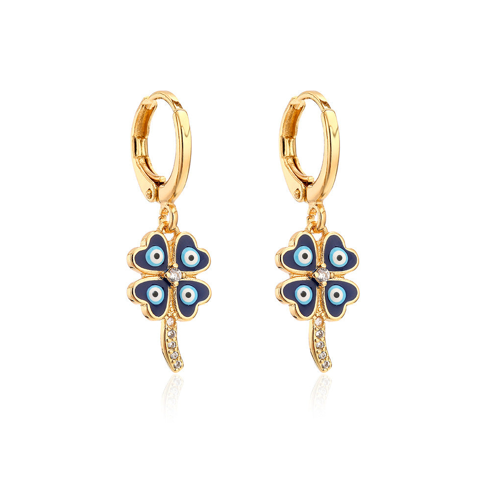 Geometric Demon Eye Earrings for Women with Copper Base Plated in 18K Gold and Enamel-Set Zirconia
