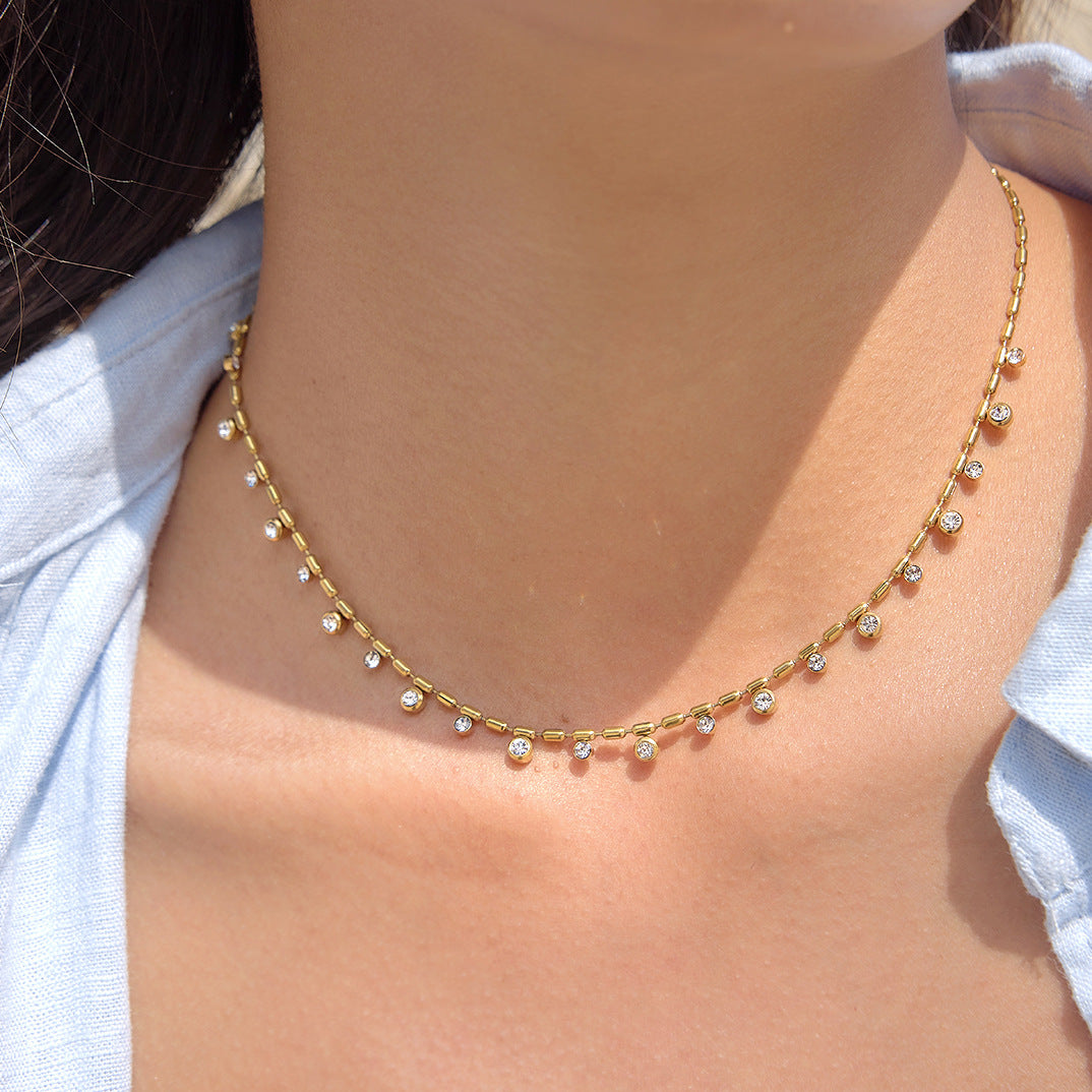 Minimalist Geometric Round Rhinestone Stainless Steel Ball Chain Necklace for Women