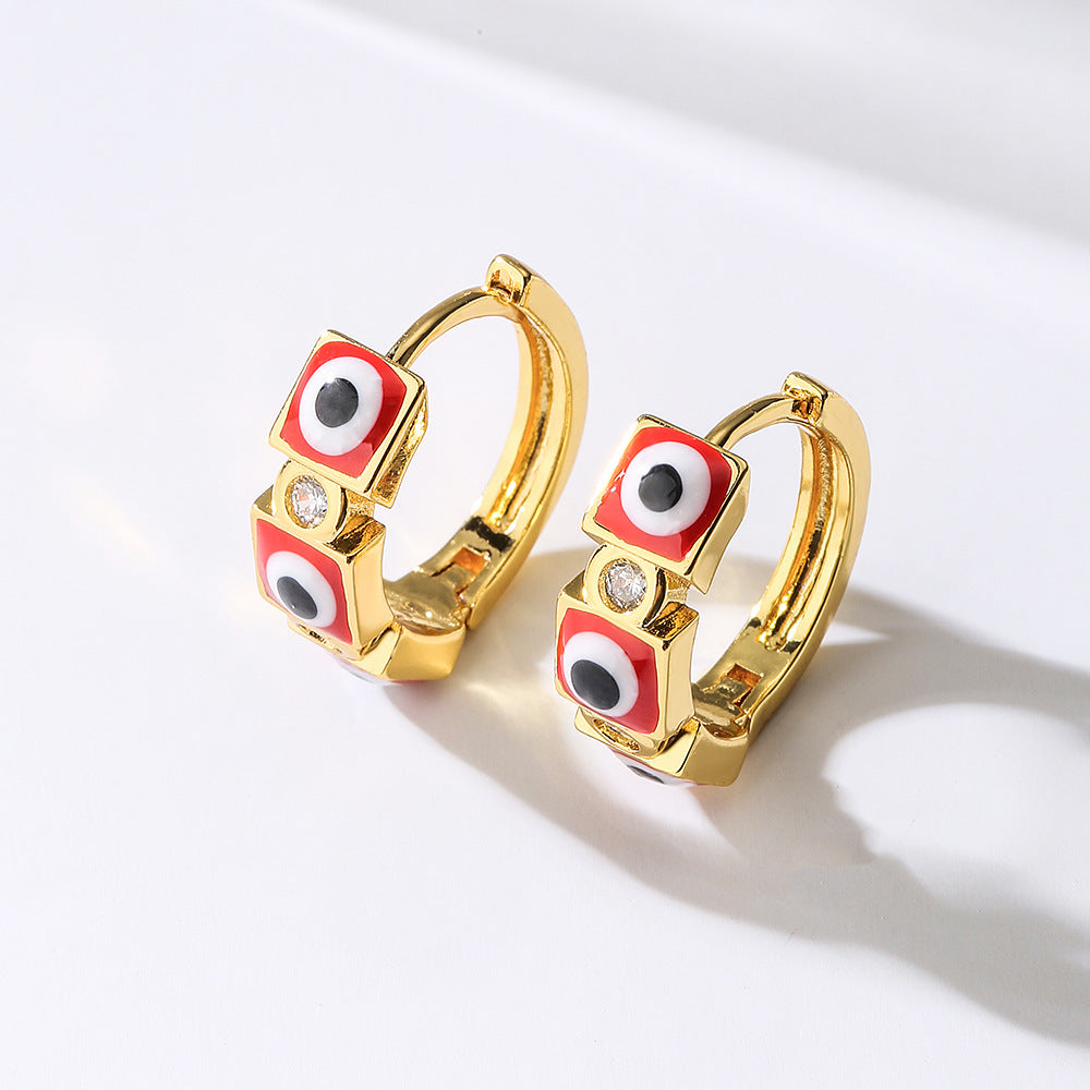 Orecchini a Cerchio Geometrici Color Rame in Stile Vintage con Placcatura in Oro 18K e Dettaglio Occhio Smaltato da Donna