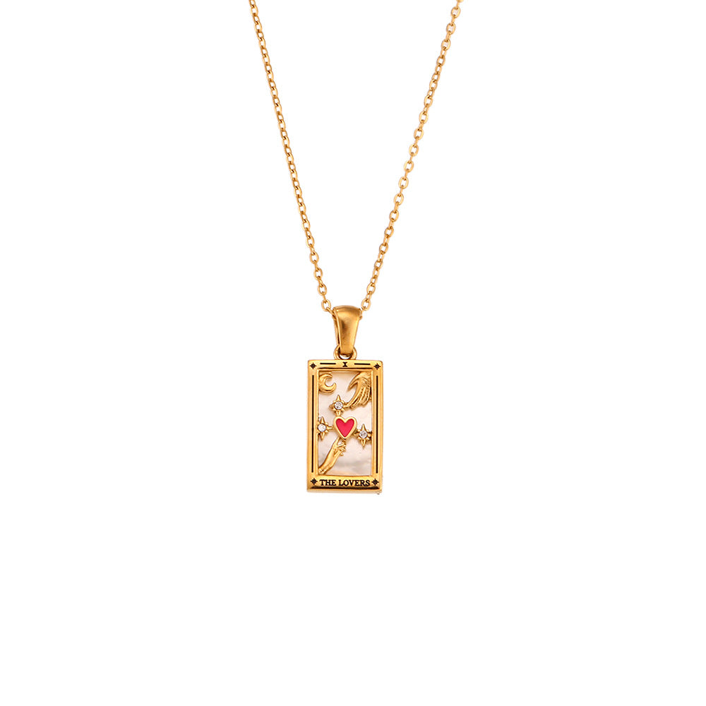 Fashionable Vintage Rectangular Titanium Steel Pendant Necklace with Enamel Finish and Zircon Inlay for Women