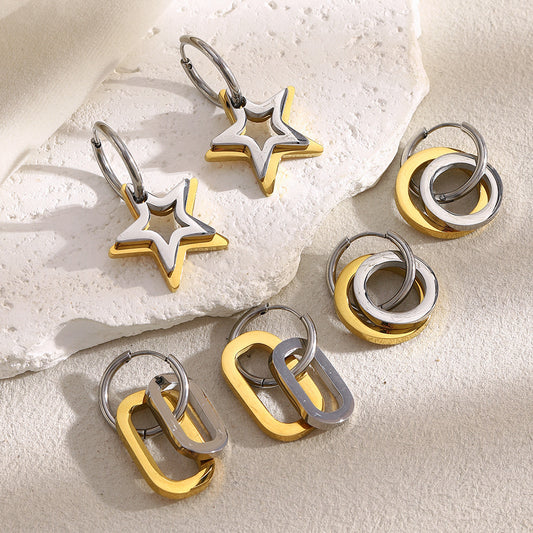Orecchini a Cerchio da Donna Minimalisti Leggeri di Lusso Geometrici in Acciaio Inossidabile Placcati Oro 18K con Stella a Cinque Punte