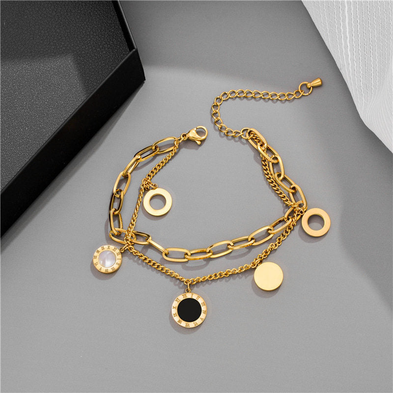Minimalist Geometric Titanium Steel Bracelet for Women with Roman Numerals and Black White Shell Accents
