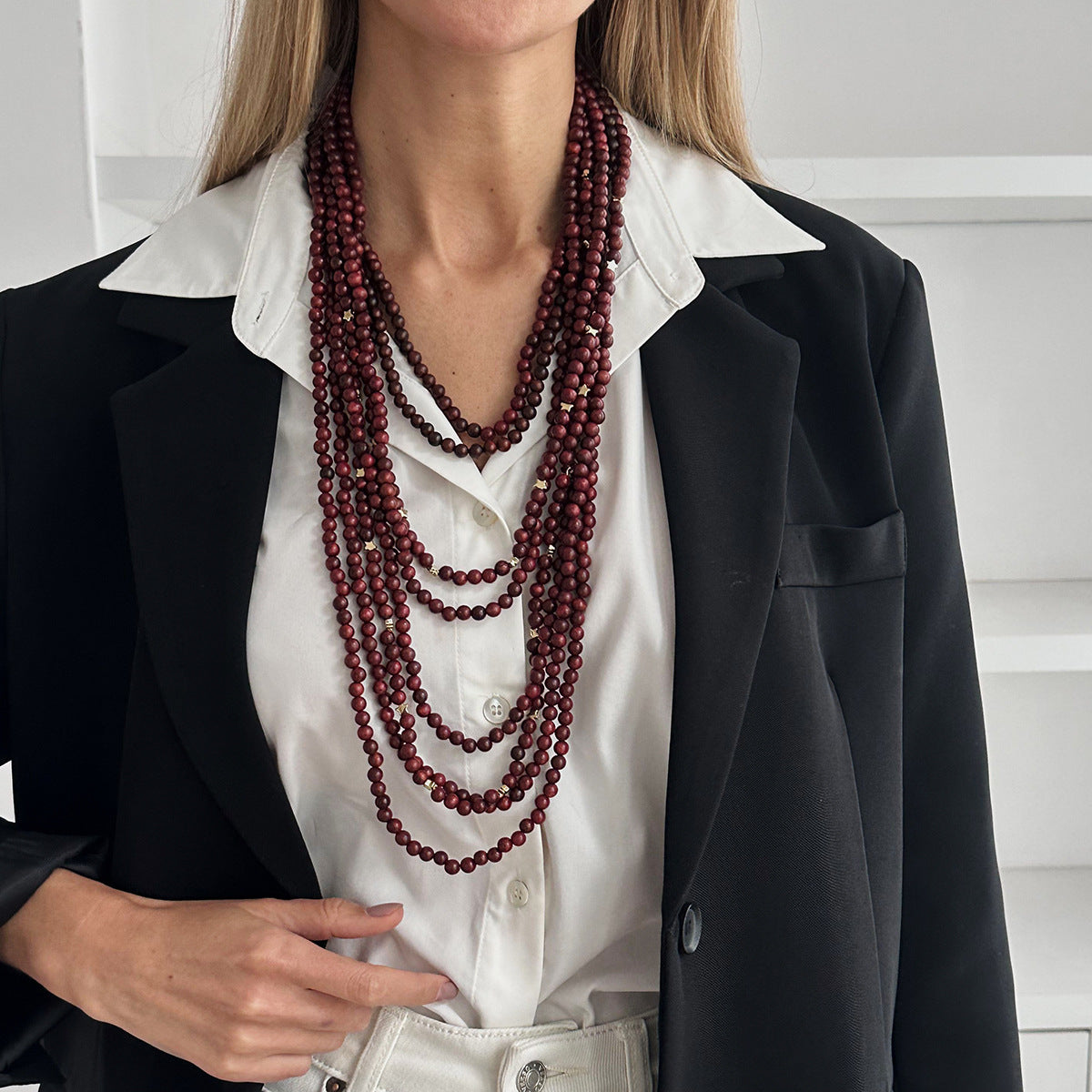 Vintage Geometric Wood Bead Necklace Multi-layered Ball Chain Long Pendant for Women