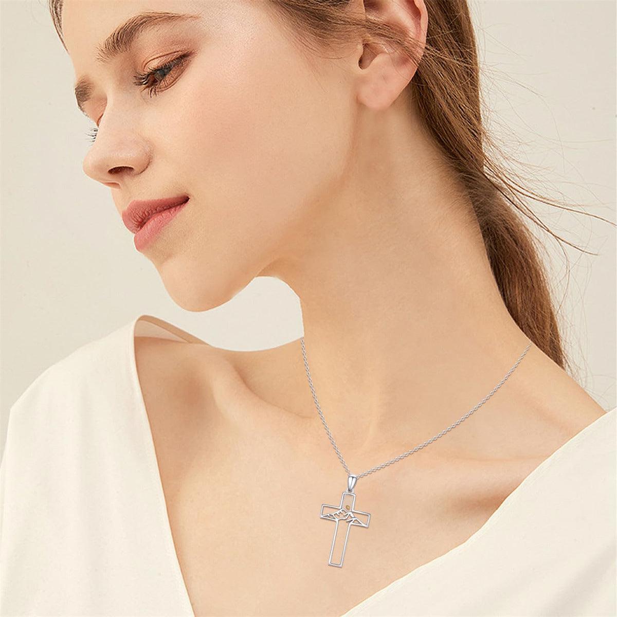 Minimalist Silver-Tone Stainless Steel Cross Pendant Necklace for Women with Plated Finish