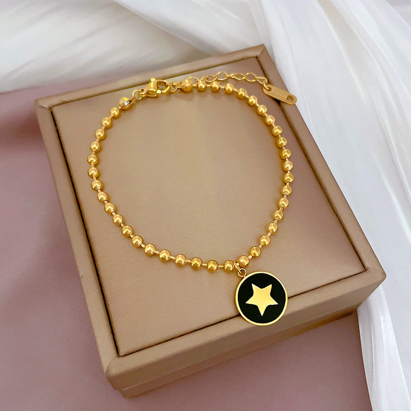Pulsera de Cuentas de Nácar con Forma de Estrella de Estilo Vintage en Acero de Titanio con Chapado en Oro para Mujer