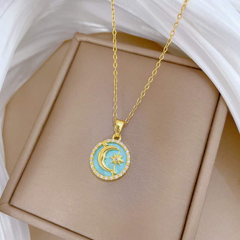 Sweet Minimalist Round Star Moon Geometric Rhinestone Titanium Steel Necklace Unisex Cable Chain