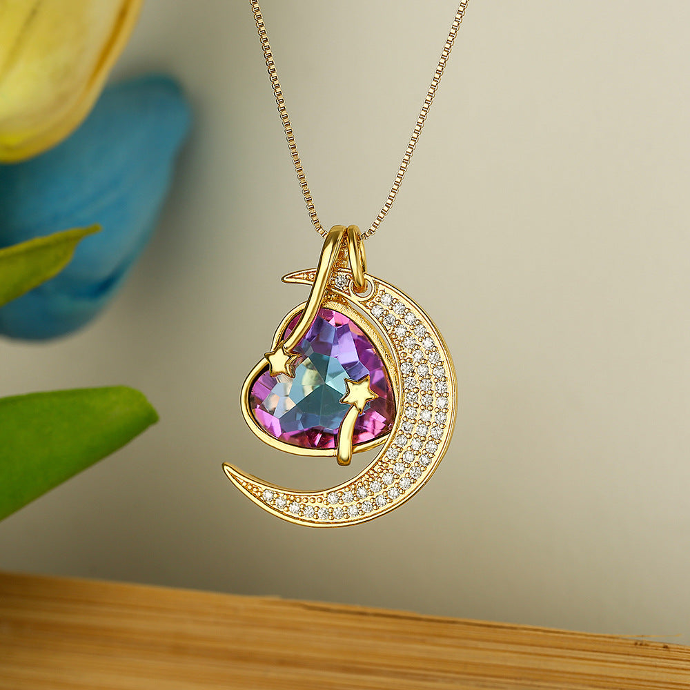 Geometric Moon and Star Pendant Necklace for Women with Copper Base Plated in 18K Gold and Zircon Inlay