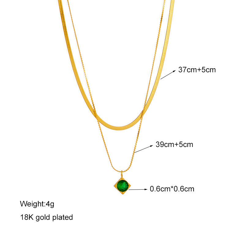 Collana con Pendente Minimalista Geometrico Verde Strass in Acciaio al Titanio con Doppia Catena Placcata per Donne