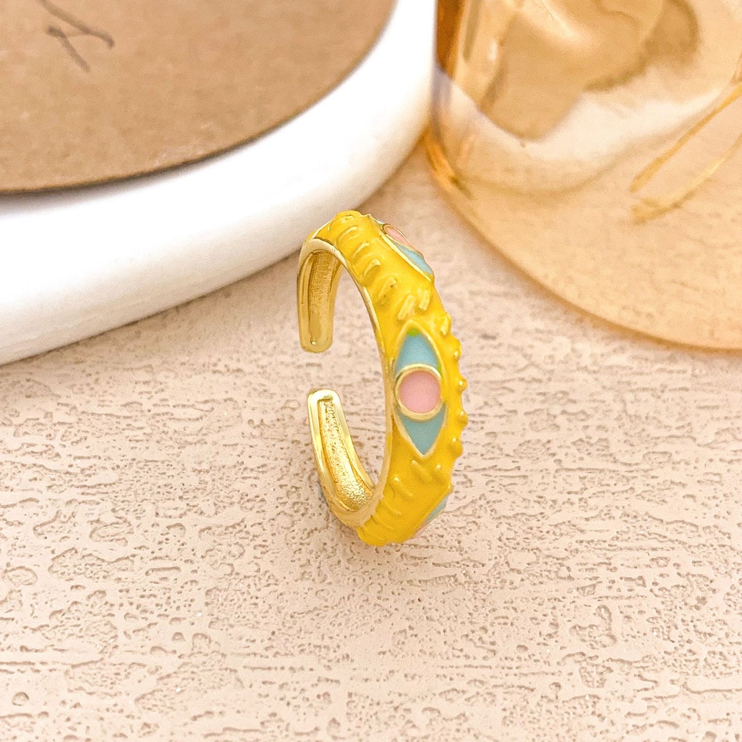 Sweet Alloy Gold Plated Drip Oil Round Oval Ring with Polka Dot Evil Eye Design for Women