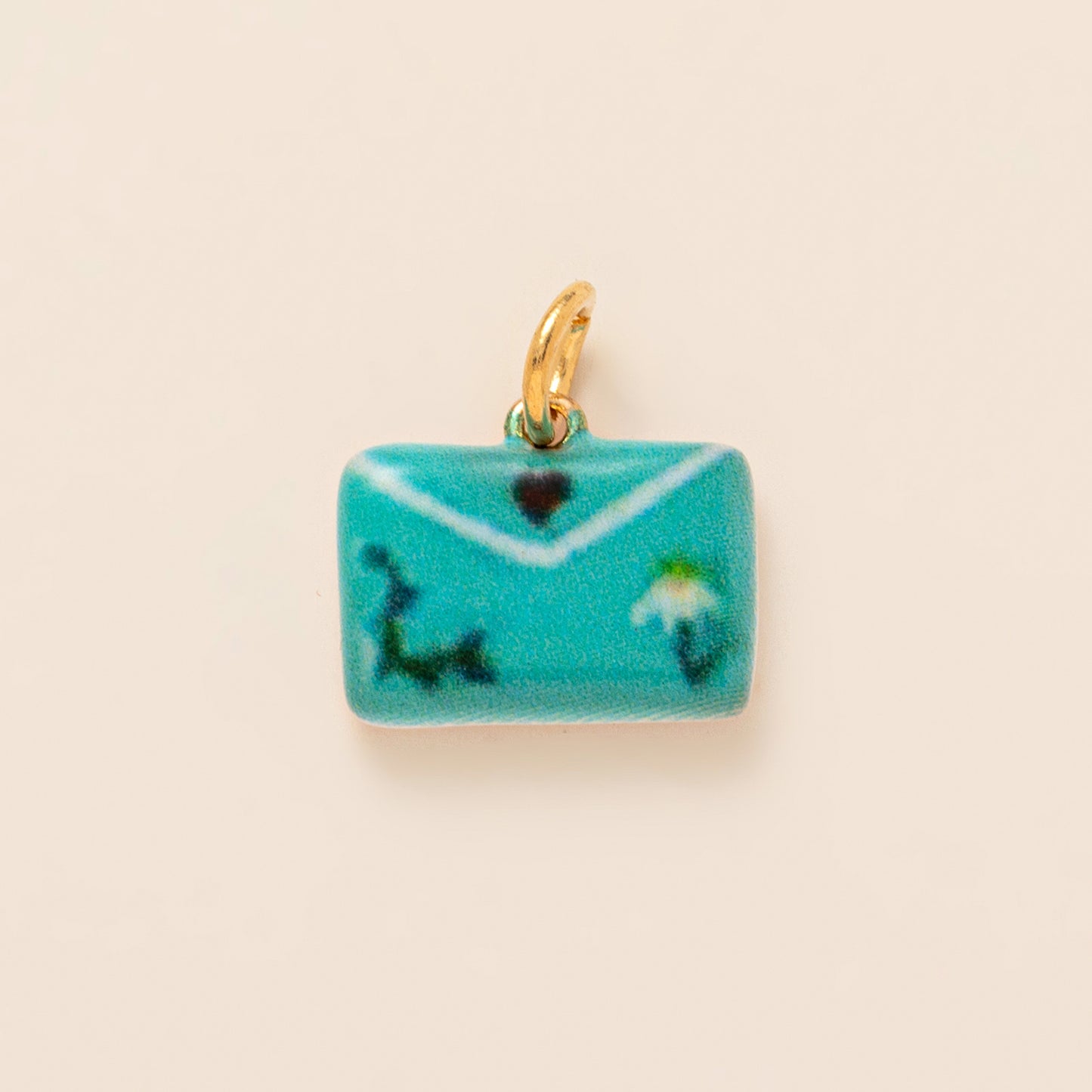 Vintage 14K Gold Plated Brass Heart Floral Ceramic Charm Bar