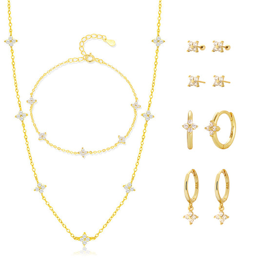 Elegant 925 Sterling Silver Four-Leaf Clover Jewelry Set for Women with Plated Floral Pendant Necklace Bracelet and Earrings