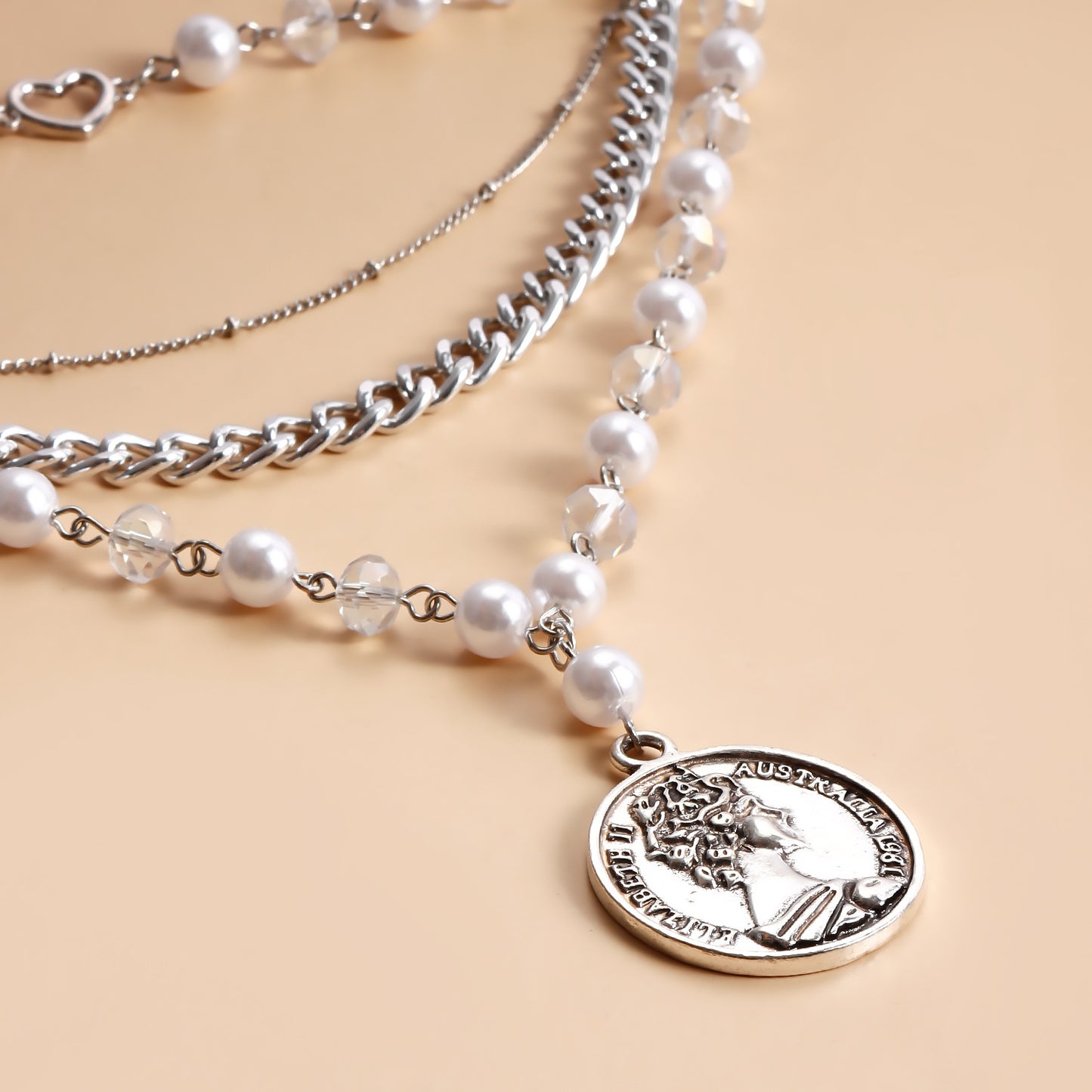 Vintage Geometric Multi-Layer Heart-Shaped Alloy Pendant Necklace with Plated Finish for Women