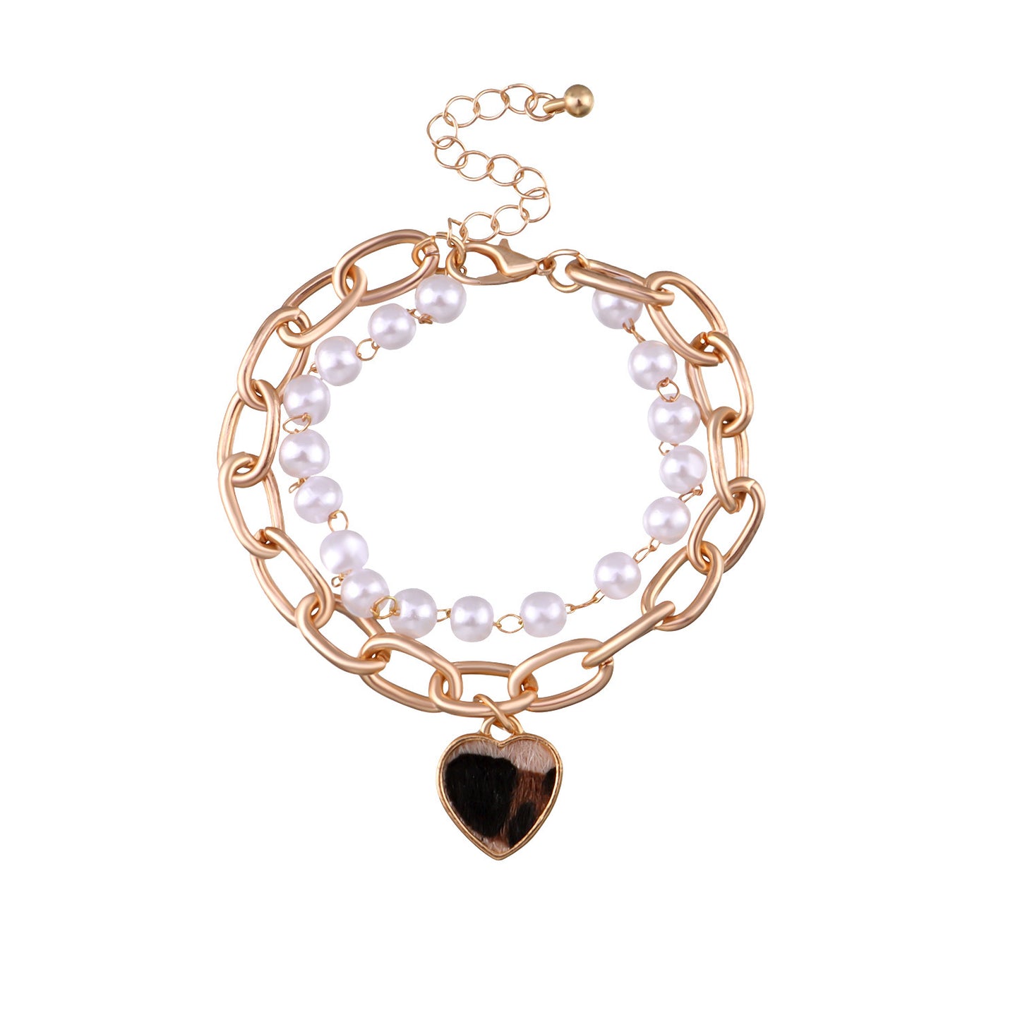 Fashion Casual Leopard Print Heart-Shaped Alloy Bracelet with Pearl-Embellished Chain for Women
