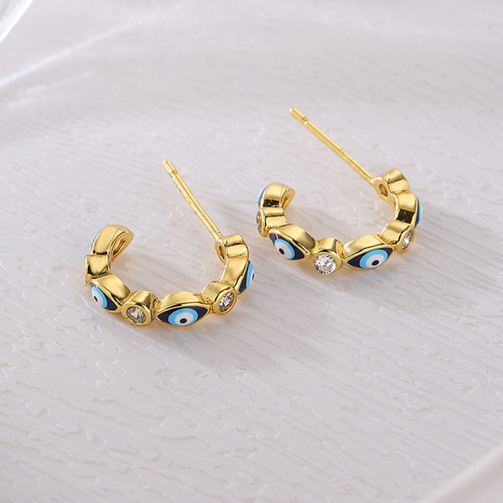 Fashionable Geometric C-Shaped Evil Eye Earrings for Women with Copper Base Plated in 18K Gold and Enamel Finish, Micro-Paved with Zircon