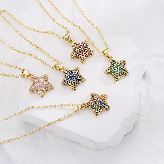 Collar con Colgante de Estrella Geométrica Minimalista para Mujer con Base de Cobre Bañado en Oro de 18K y Circonitas Cúbicas Microengastadas
