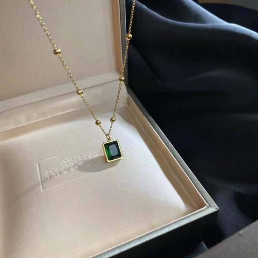Minimalist Geometric Square Green Gemstone Titanium Steel Necklace with Gold Plating for Women and Men
