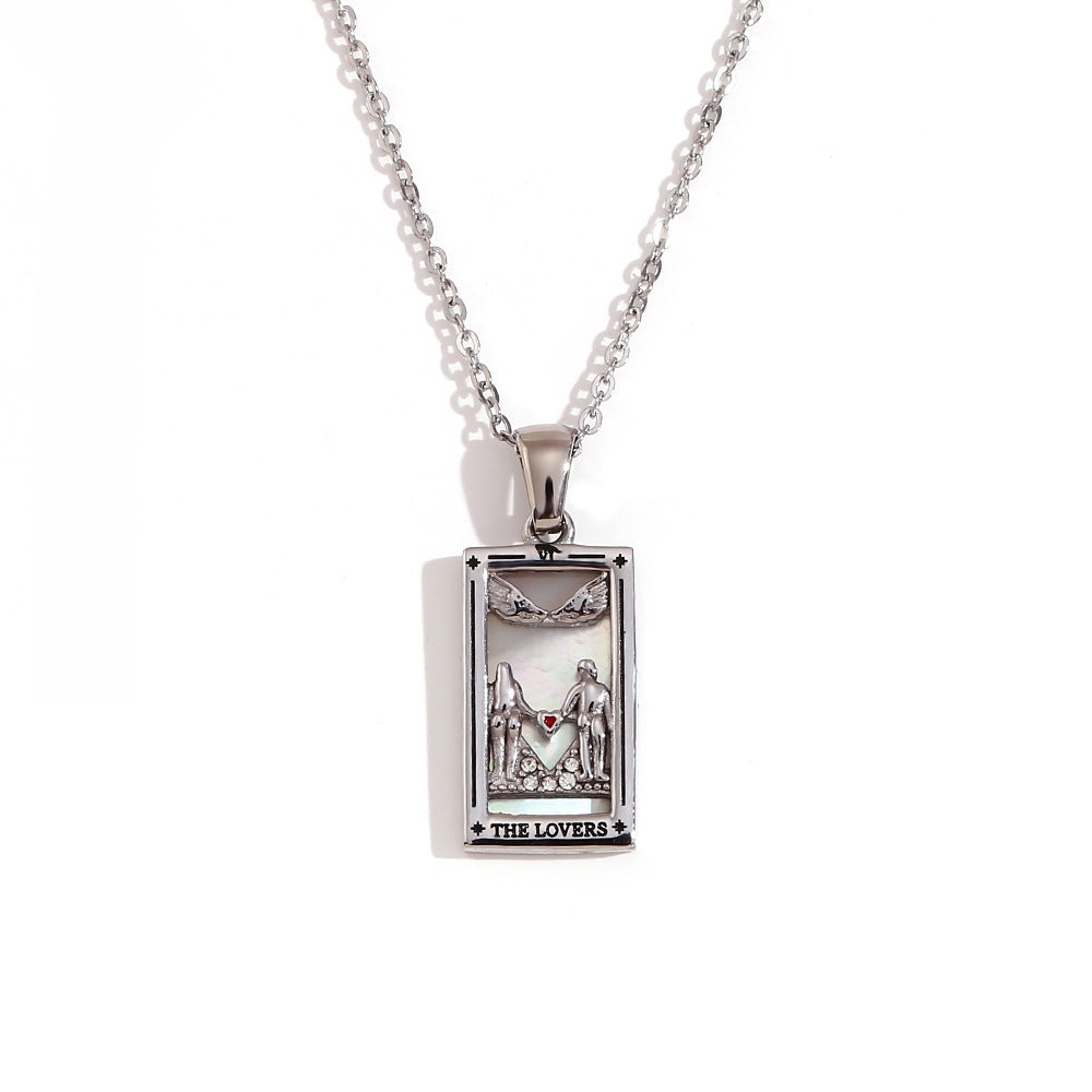 Vintage Tarot Card Pendant Necklace for Women Stainless Steel with 18K Gold Plating Geometric Four-Sided Design Fashion Office Style