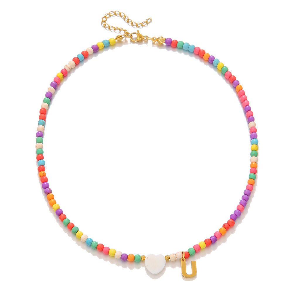Fashion Stainless Steel Letter Heart Turquoise Charm Bar Necklace Cable Chain Unisex