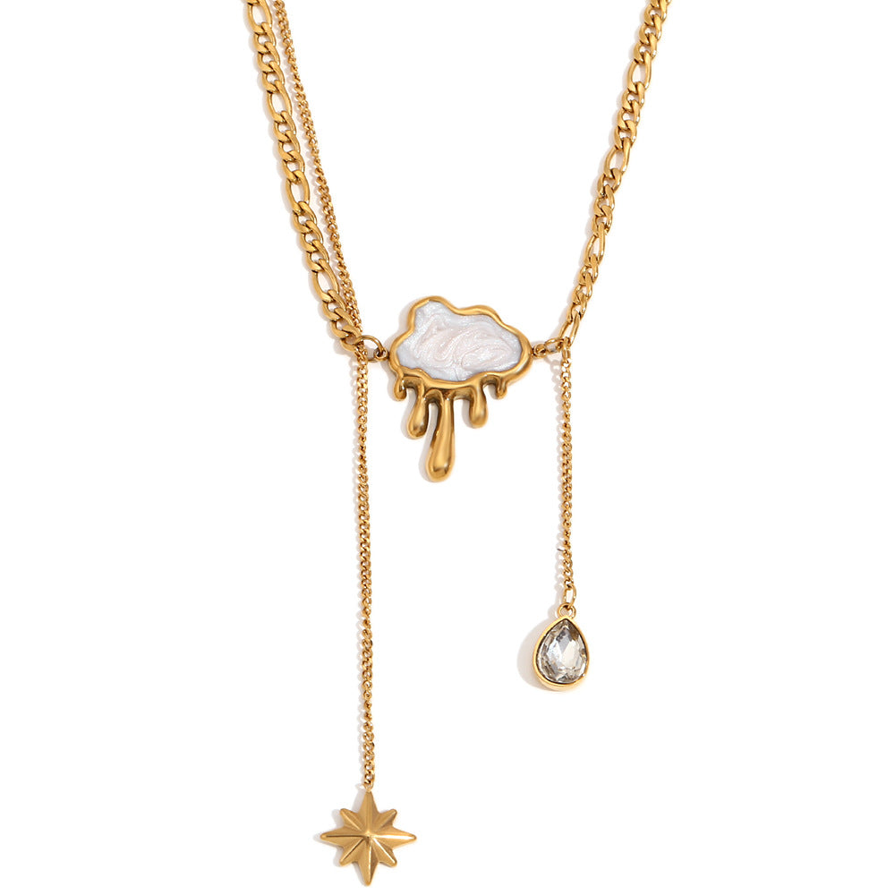 Vintage Elegant 18K Gold Plated Stainless Steel Geometric Cloud Shell Tassel Double Layer Necklace for Women