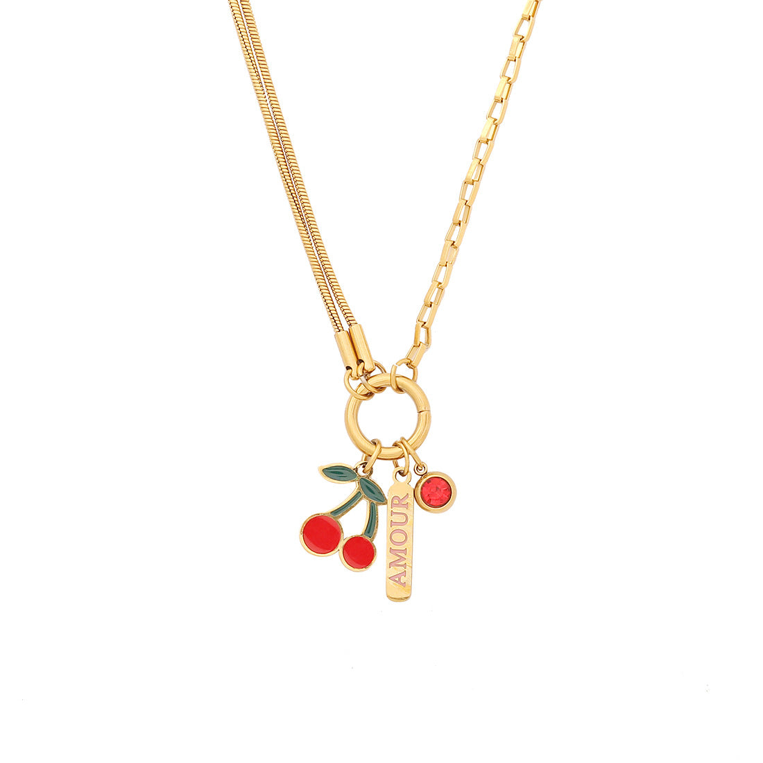 Cherry-Shaped Pendant Necklace in Stainless Steel with Plated Finish, Fashionable Double-Layer O-Chain for Women