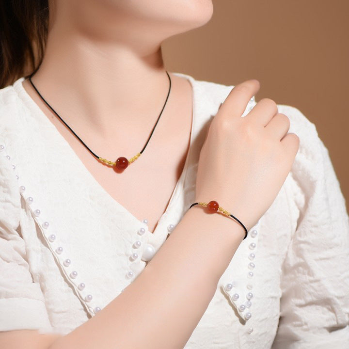 Original Design Geometric Red Agate Pendant Necklace for Women with Adjustable Drawstring Chain