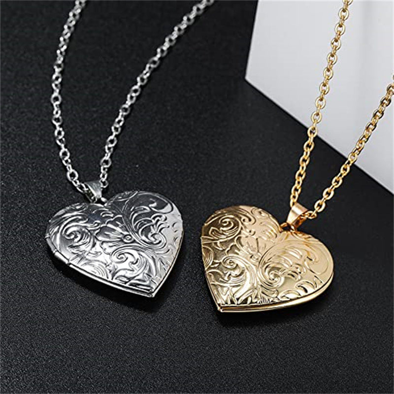 Natural Style Heart-Shaped Stainless Steel Necklace with Openable Photo Frame Pendant and Polished Finish for Women