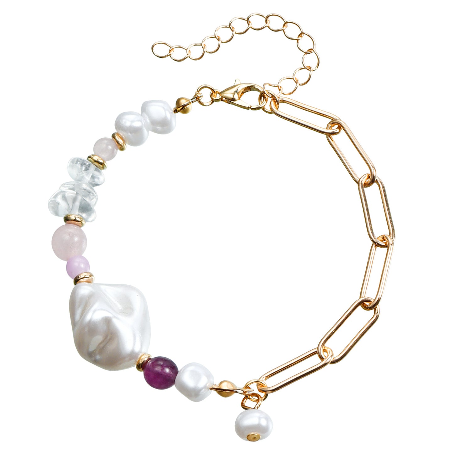 Fashion Minimalist Geometric Beaded Necklace with Imitation Pearls and Plated Metal Chain for Women