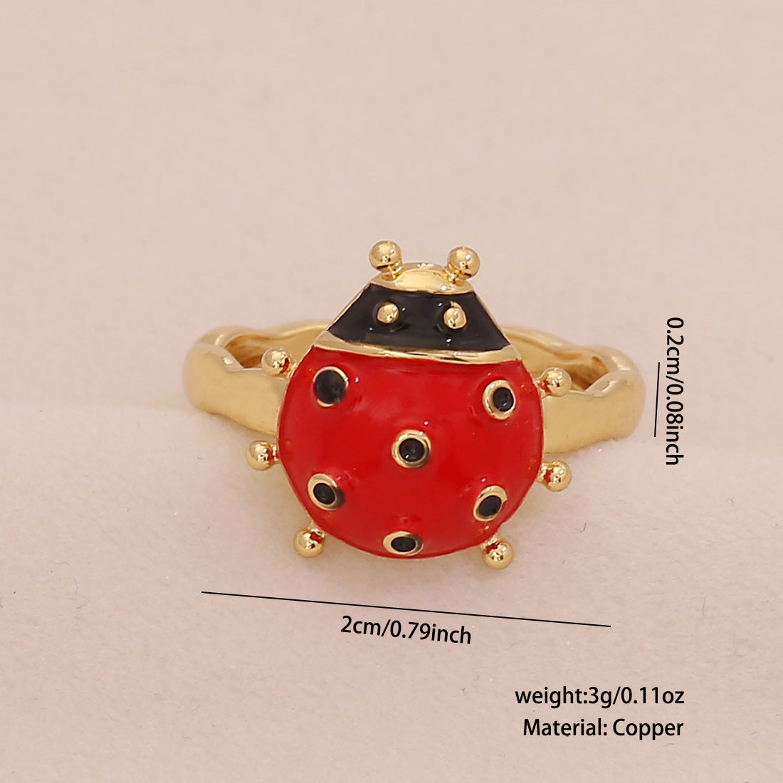 Cute Ladybug Ring in Copper with Enamel Finish for Women, Insect-Shaped Vintage-Inspired Jewelry